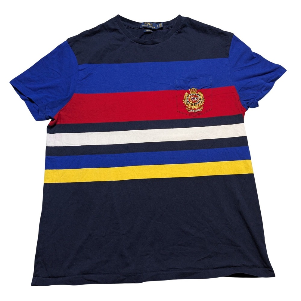 Polo Ralph Lauren Men Large Classic Fit Striped Pocket T-Shirt Crest Patch